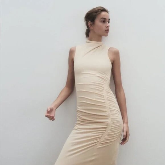Zara Soft Draped Midi Dress Cream Size Large - Picture 4 of 10